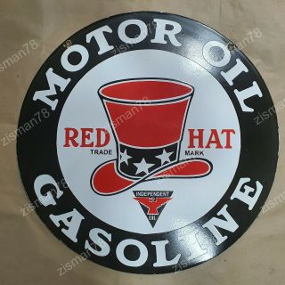 Red Hat Motor Oil Gasoline 2 Sided Vintage Porcelain Sign 30 Inches Round