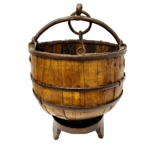 Antique Wooden Water Bucket W/ Stand & Handle Rustic Vintage Basket Home Decor