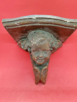 Vintage Belgium Primitive Carved Wood Cherub Angel Cupid Head Wall Shelf C