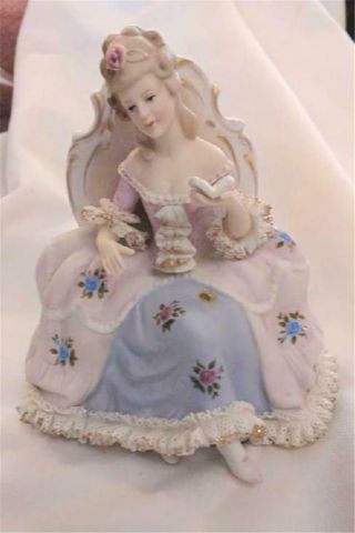 Dresden Lace Porcelain Lady In Chair Music Box Plays Waltz Vintage Circa 1930s