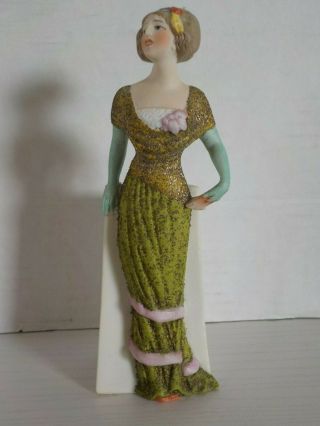 Antique German Bisque Figural Vase Of A Standing Lady With A Fan 6 Inches Tall