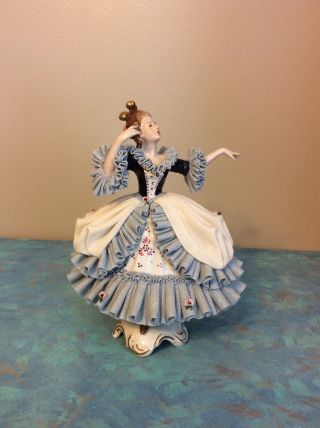 Vintage German Dresden Porcelain Lady Figurine Lace Gown - Germany