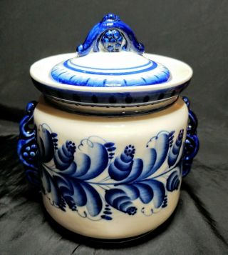 Vintage Russian Gzhel Hand Painted Porcelain Biscuit Jar With Lid Blue Floral