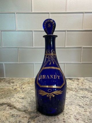 19th Century Hand Blown Cobalt Blue Glass Brandy Bottle 9 " Tall