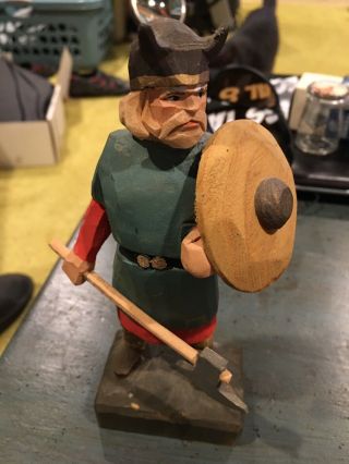 Henning,  Viking With Shield & Ax,  Wood,  Carved By Hand In Norway