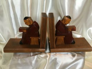 Bookends Wood Carving Monks Seated Reading Books Collectible Catholic