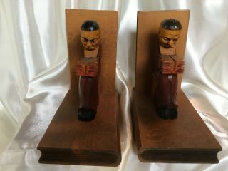 Bookends Wood Carving Monks Seated Reading Books Collectible Catholic 2