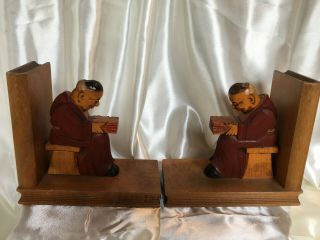 Bookends Wood Carving Monks Seated Reading Books Collectible Catholic 3