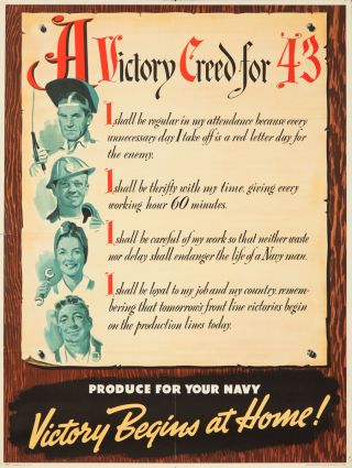 Vintage Poster World War Ii Wwii Victory Creed 1943 Usa Production Home