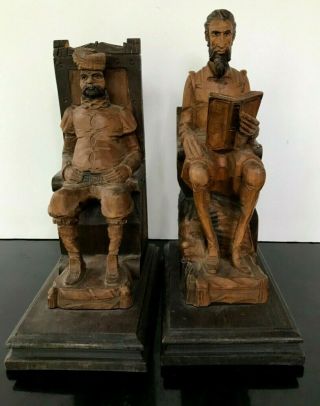 Vintage Bookends Don Quixote & Sancho Panza Wood Hand Carved Stamped Ouro 415 - A