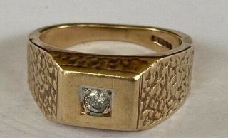Chunky Gents Mens Mans Vintage 9ct Gold Signet Ring With A Small Diamond