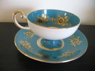 Aynsley Turquoise Gold Flower Pedestal Tea Cup And Saucer