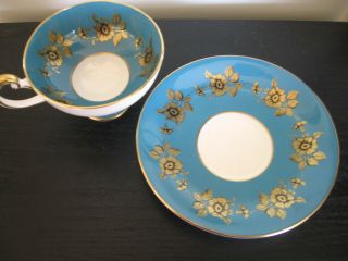 AYNSLEY TURQUOISE GOLD FLOWER PEDESTAL TEA CUP AND SAUCER 2