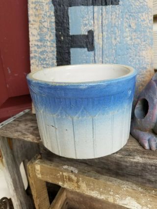 1800s Antique Blue White Butter Crock Glazed Stoneware Burley Winter Pottery 7 "