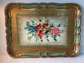 Vintage Large Italian Florentine Gilt Tole Wood Tray Floral With Gold 14 X 10