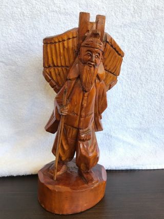 Vintage Asian Hand Wood Carved Old Man Traveler W/walking Stick Figurine 12”x5”