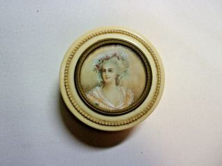 Antique Celluloid Pill Box With Hand Painted Portrait On Lid