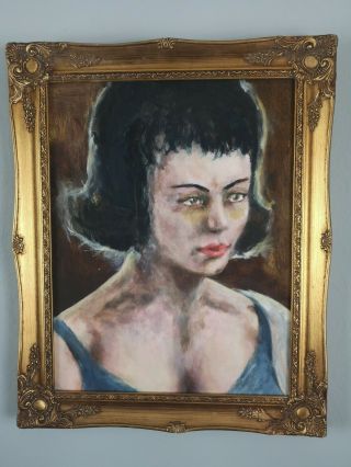 Vintage 1960s Woman Portrait Oil Painting Misty Blue,  Framed