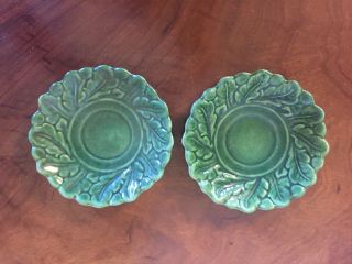 Pair Antique 19th C.  Green English Majolica Pottery Saucer Dish Leaf Form Plate