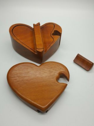 Vintage Hand Crafted Heart Wood Puzzle Jewelry Trinket Box Engagement 3