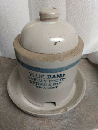 Vintage Blue Band Buttermilk Feeder Chicken Poultry Waterer Stoneware