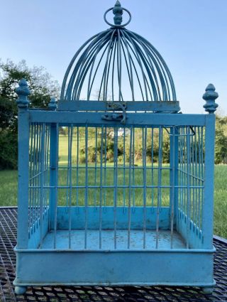 Decorative Vintage Antique Light Blue Metal Hanging Birdcage Opens From Top