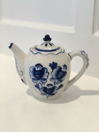 Vintage Russian Gzhel Blue And White Porcelain Teapot /folk Art / Hand Painted