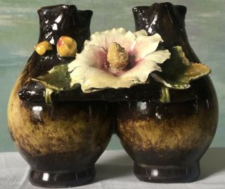 Antique Majolica Barbotine Double Art Nouveau Vase Applied Flowers