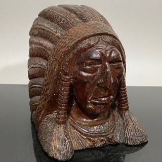 Vtg Carved Wooden Tobacco Mascot Chief Indian Head Bust Art Statue Sculpture