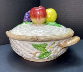 Vintage Fitz & Floyd Ceramic Basket Weave Fruit Covered Serving Dish Bowl Lidded