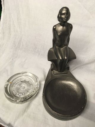 Frankart Ashtray Art Deco Nude Lady Sitting On Edge Of Bowl Coin Holder Metal 2