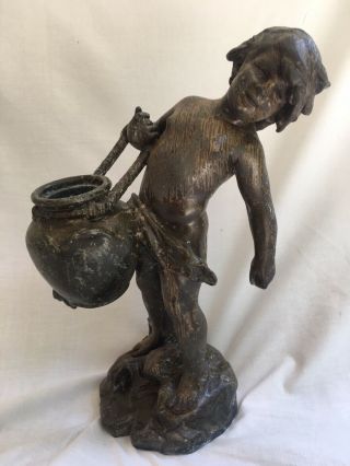 Antique Spelter Statue Of A Young Boy/auguste Moreau Tarnished