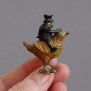 Rare Cute Vintage Cold Painted Bronze Miniature Frog/toad Riding Chick Bird