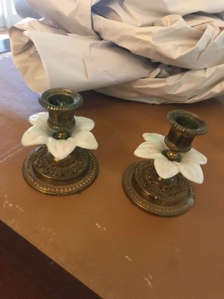 Fine Pair Antique French Floral Bronze Candlesticks