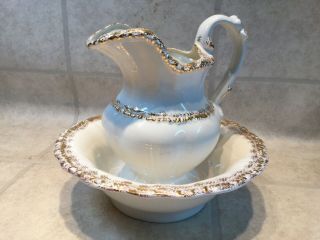 Vtg Decorative Handmade Ceramic Pitcher & Bowl Set White Wash Basin W Gold Trim