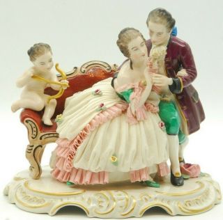 Vintage Dresden Style Porcelain Victorian Courting Couple With Cupid Figurine
