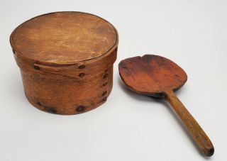 Antique Early 19th C.  American Carved Burl Wood Spoon And Bent Wood Pantry Box