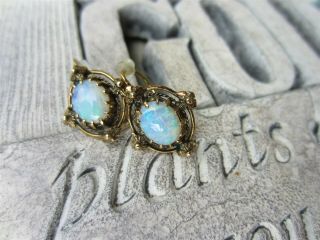 Vintage Opal Gemstone 14k Yellow Gold Pierced Earrings Victorian Revival