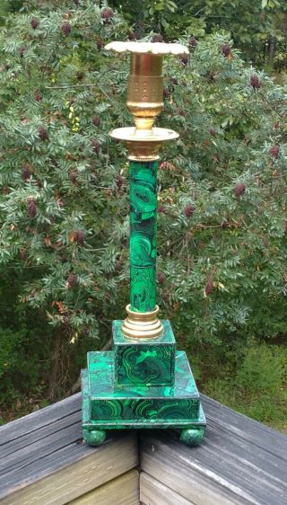 Faux Malachite Stone And Metal Candlestick Ball Feet Russian French Empire Style