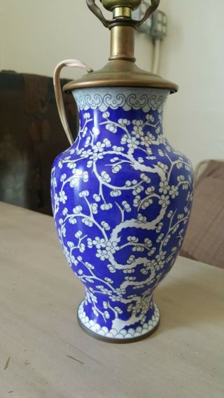 Chinese Vintage Cloisonne Enamel Vase Lamp Blue & White Cherry Blossoms