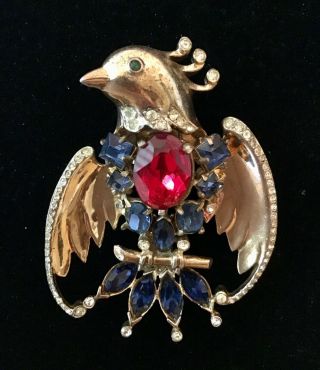 Rare Vintage Pegasus Coro Sterling Bird Rhinestone Fur Clip Pin 1940s Figural