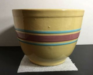 Antique Usa Mccoy ? Yelloware Yellow Ware Mixing Bowl Pink Blue Bands
