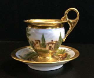 3 French Imperial 19thc Antique Vieux Old Paris Porcelain Cup Saucer Gilded