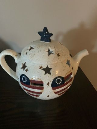 Americana Ceramic Teapot Tealight Candle Cover Stars And Stripes Flag Hearts