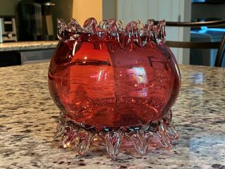 Large Victorian Cranberry Art Glass Rose Bowl Applied Feet