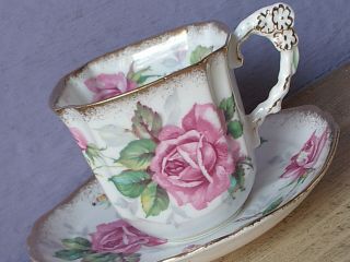 Vintage England Pink Rose Flower Handle Bone China Tea Cup Teacup And Saucer