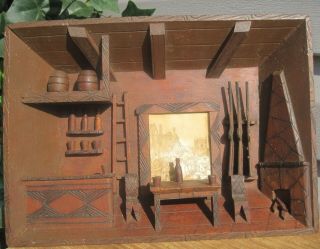 Antique Folk Art Wood Shadowbox Diorama Wall Art Primitive Rustic Cabin Room 3