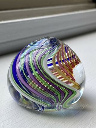 Signed Vintage Art Glass Paperweight Multi Color Swirl Hand Blown 1.  628in