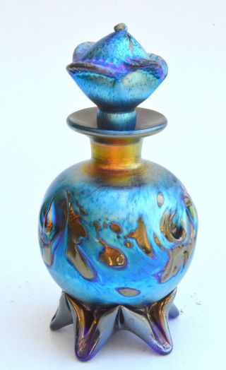 Luster Blue Perfume Bottle With Red Spot Design.  Art Glass