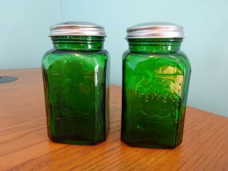 Vintage Embossed Dark Green Glass Square Screw Top Salt & Pepper Shakers 4 1/4 "